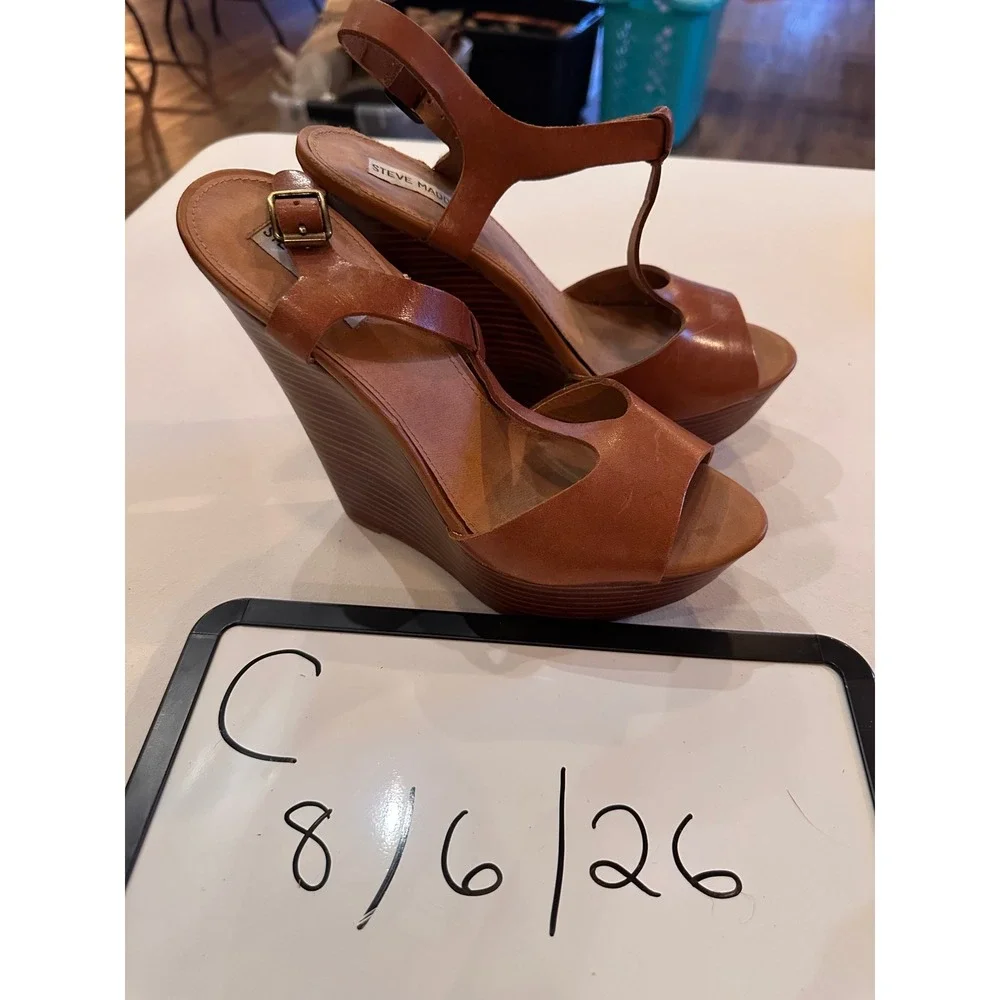 Steve Madden Girls Brown Leather T-Strap Platform Wedge Sandals Size 6